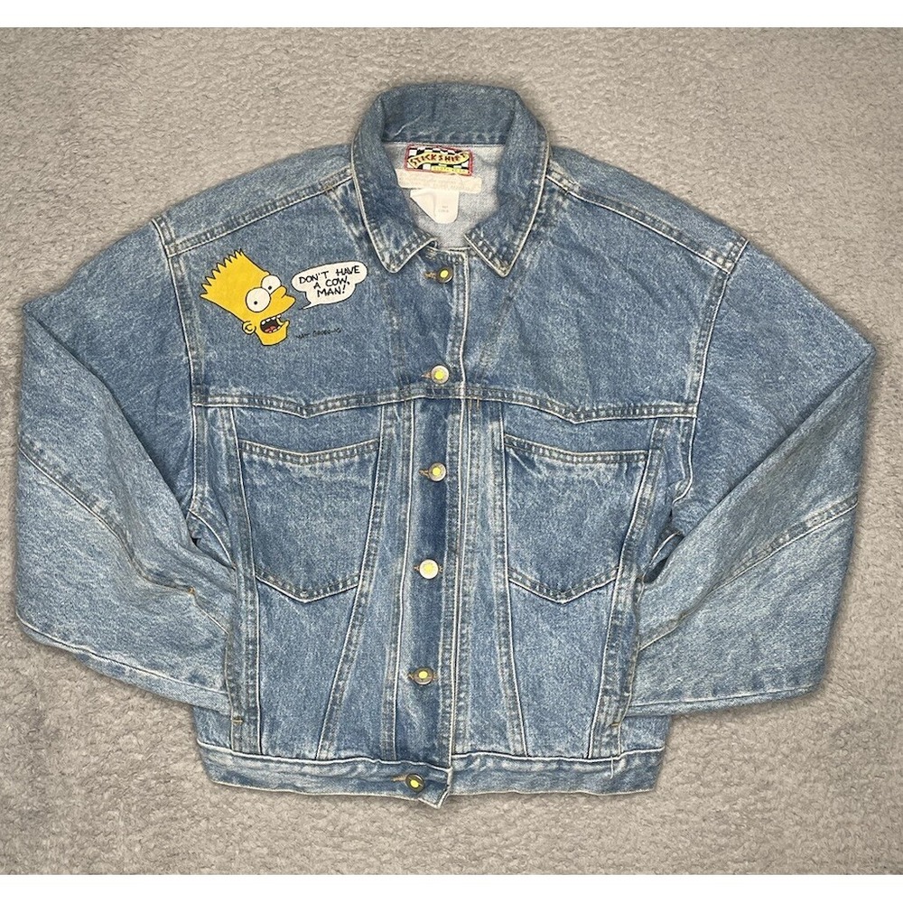 RARE Vintage 90s Stickshift‎ Bart Simpson The Simpsons Blue Denim Jacket Mens S - Picture 2 of 16